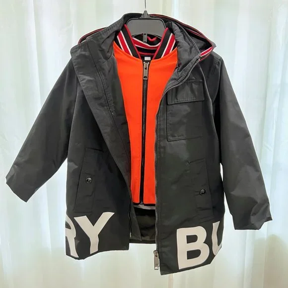 Burberry Kids Layered Logo Print Water Repel Coat Over Orange Logo Bomber Jacket